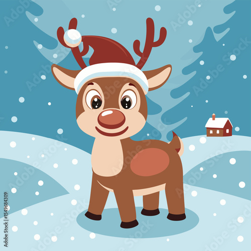 A cheerful cartoon reindeer wearing a red Christmas hat stands on a snowy landscape, surrounded by stylized winter trees.