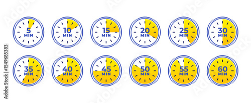 Set of stopwatch icons showing time intervals from 5 to 60. Minimal design with partial fill indicating time. Perfect for timers, fitness apps, and countdown graphics. Stopwatch, icons, vector