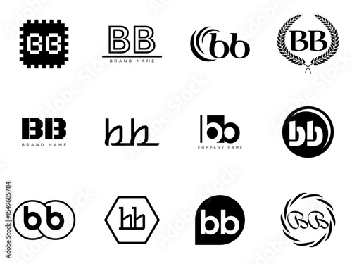 BB logo company template. Letter b and b logotype. Set different classic serif lettering and modern bold text with design elements. Initial font typography.