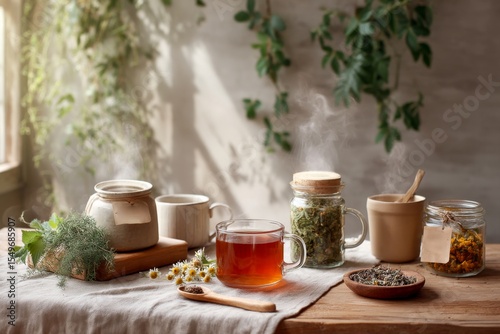 Warm herbal tea brewing in a cozy kitchen with natural decor and fresh herbs on a wooden table during the afternoon