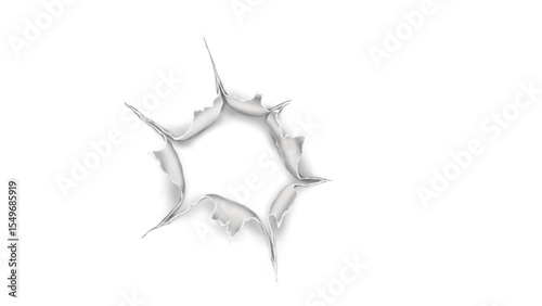 Dynamic Shattered Hole: A Burst of Ripped White Paper with Sharp, Peeling Edges, Perfect for Punchy Reveals or Distressed Accents