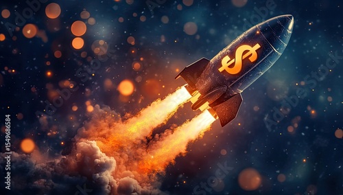 Fototapeta Naklejka Na Ścianę i Meble -  Rocket ship with dollar sign, soaring through fiery smoke into night sky