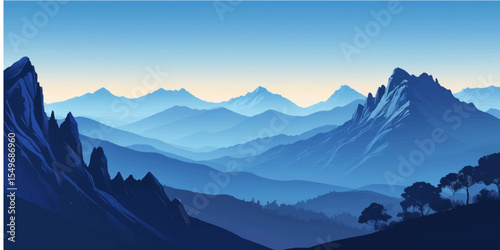 Sunrise over snowy mountain peaks with misty valleys and a scenic winter landscape