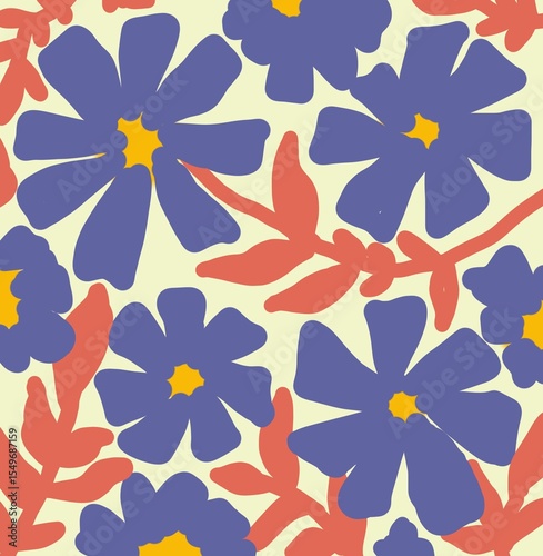 Colorful Retro Floral Seamless Pattern with Bold Flowers and Leaves.