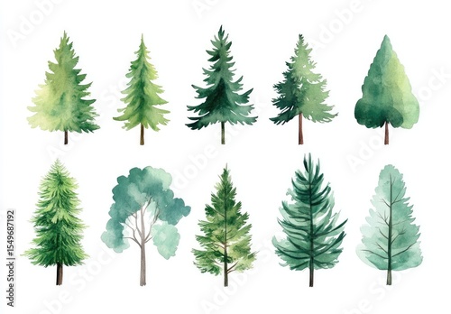 Watercolor pine and tree illustrations