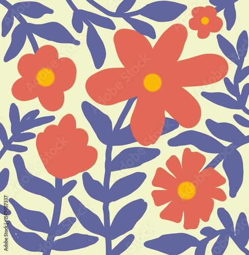 Colorful Retro Floral Seamless Pattern with Bold Flowers and Leaves.