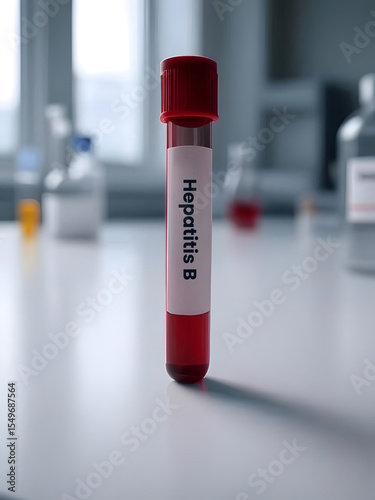 Close-up of a blood test tube labeled ‘Hepatitis B’. World Hepatitis Day
