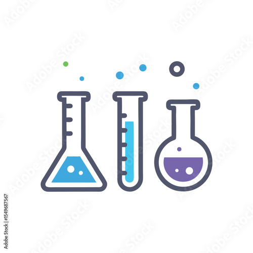 Science Experiment Icon Set Blue Purple Erlenmeyer Flask Beaker Test Tube Bubbles Chemistry Lab Illustration