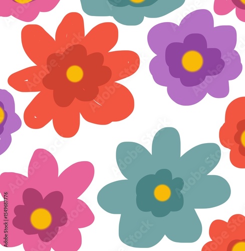 Colorful Retro Floral Seamless Pattern with Bold Flowers and Leaves.