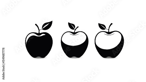 Three stylized black and white apples showing different levels of shading isolated on white background isolated on transparent background