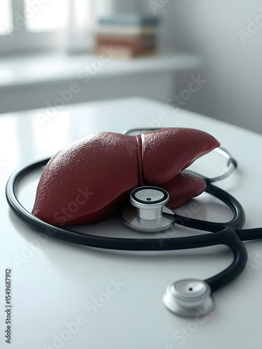 Close-up of a stethoscope placed on a red liver model on a white table. World Hepatitis Day