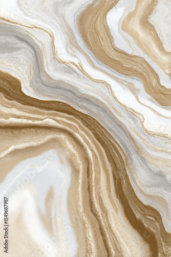 Abstract art featuring flowing gold and white paint with a marble like texture and wavy pattern