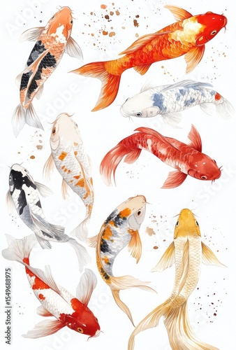 Koi fish in various colors and patterns