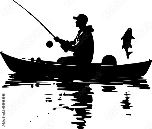 Fishing Man Catching Jumping Fish Silhouette vector design