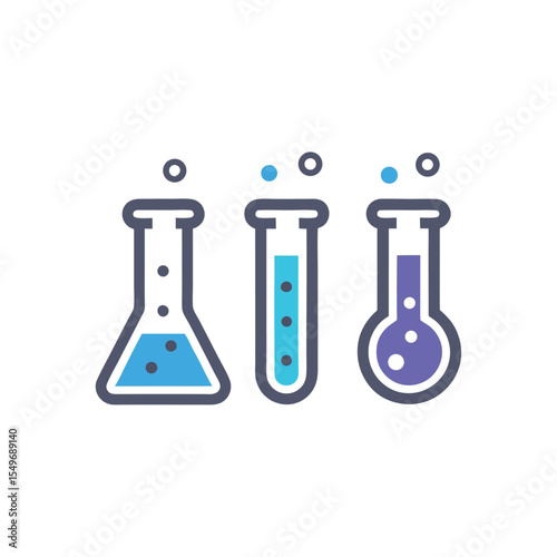 Three Science Lab Glassware Erlenmeyer Flask Test Tube Round Bottom Flask Blue Purple Liquid Bubbles Experiment