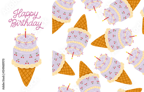 Cute flirty vector set with hand-drawn birthday cake cone and seamless pattern. Pastel lavender bento style with cherries, bows and candle. Perfect for cards, party decor, packaging and printables.