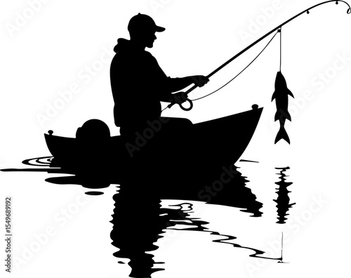 Fishing Man Catching Jumping Fish Silhouette vector design