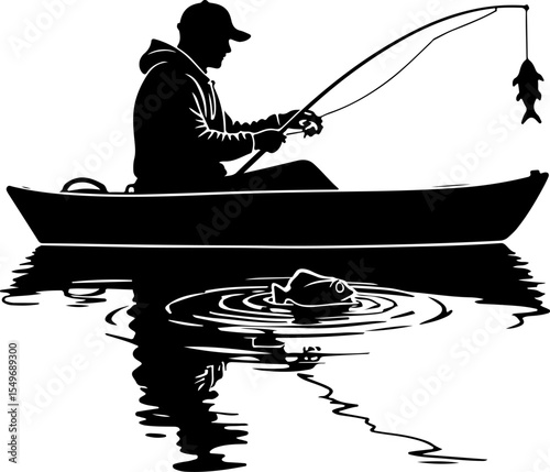 Fishing Man Catching Jumping Fish Silhouette vector design
