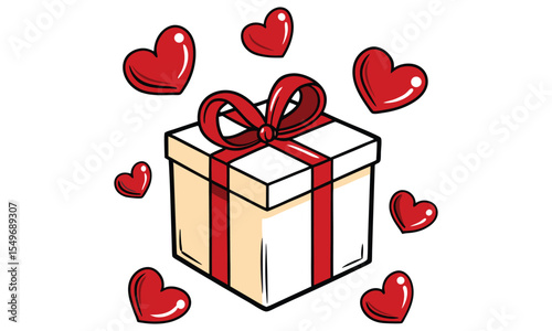 A festive gift box adorned with a red ribbon and bow surrounded by several shiny red hearts isolated on white background