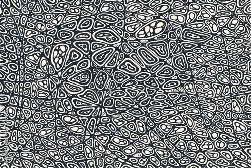 Abstract vector background with a dense, web-like pattern. Monochrome organic shapes create a hypnotic, cellular texture with an optical illusion effect.