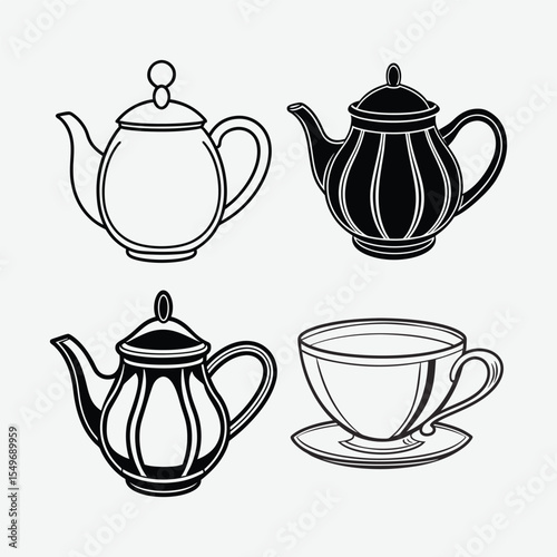 Four teapots and a teacup isolated on white background in a simple black and white line drawing style.