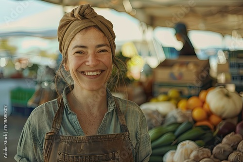 Smiling Female Vendor Selling Bio Fruits and Veggies at Local Farmers Market