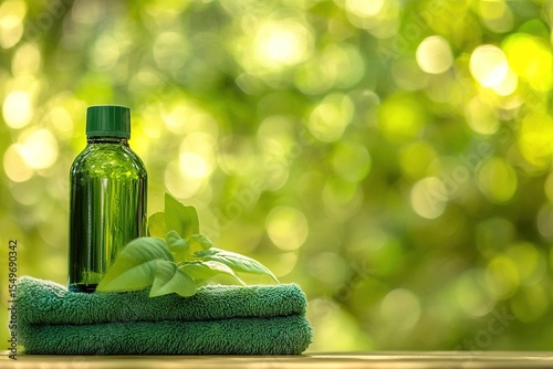 Green glass bottle with essential oil and green towel on a blurred nature background, spa concept, Aromatherapy product concept, with space for text