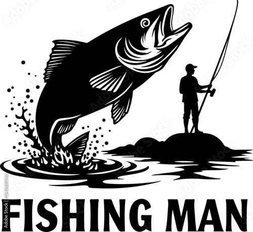 Fishing Man Catching Jumping Fish Silhouette vector design