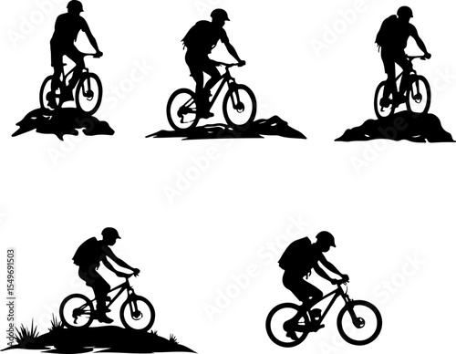 Mountain Bikers Riding Silhouettes Set vector bundle
