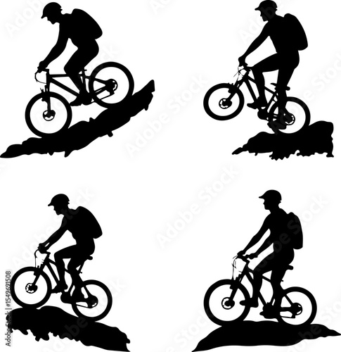 Mountain Bikers Riding Silhouettes Set vector bundle