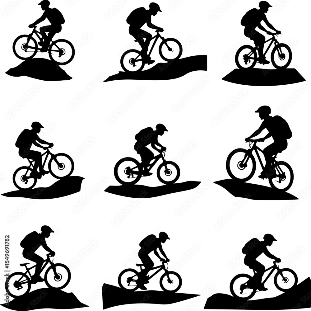 Obraz premium Mountain Bikers Riding Silhouettes Set vector bundle