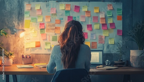 Woman working at desk, surrounded by sticky notes
