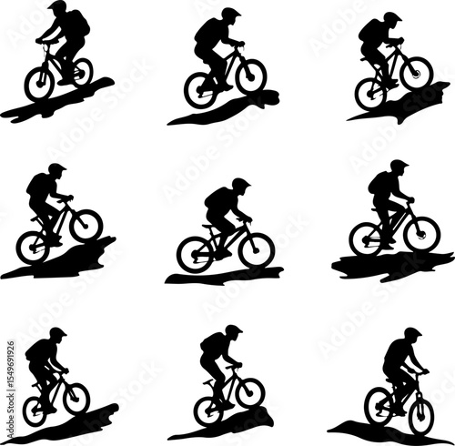 Mountain Bikers Riding Silhouettes Set vector bundle