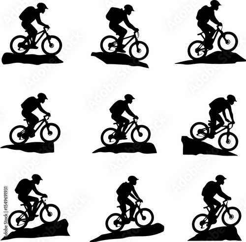 Mountain Bikers Riding Silhouettes Set vector bundle