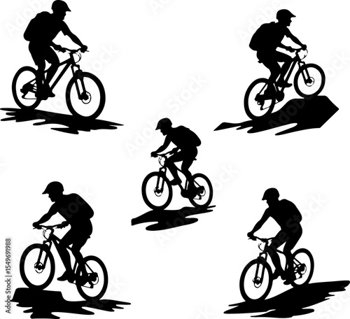 Mountain Bikers Riding Silhouettes Set vector bundle
