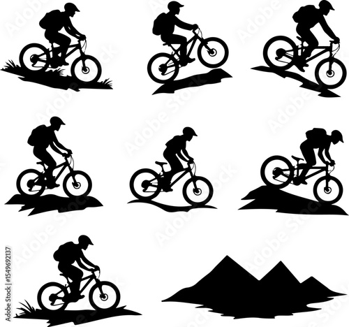 Mountain Bikers Riding Silhouettes Set vector bundle