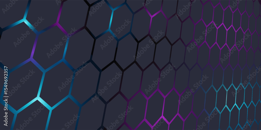 Fototapeta premium Dark gray 3D hexagonal technology vector abstract background. Blue and pink energy flashes under hexagon in modern technology futuristic background vector illustration. Grey honeycomb texture grid.