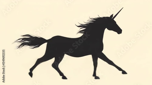 Silhouette of a running unicorn against a cream background