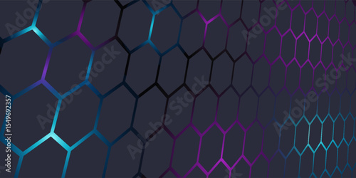 Dark gray 3D hexagonal technology vector abstract background. Blue and pink energy flashes under hexagon in modern technology futuristic background vector illustration. Grey honeycomb texture grid.