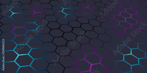 Dark gray 3D hexagonal technology vector abstract background. Blue and pink energy flashes under hexagon in modern technology futuristic background vector illustration. Grey honeycomb texture grid.