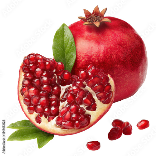 Whole and cut pomegranate with edible seeds and leaves image isolated transparent. Punica granatum. Grenade fruit cut out photo png. Antioxidant rich. Garnet fruit cutout element object