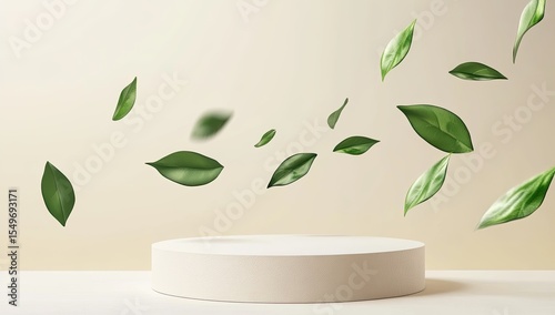 Pale beige background with floating green leaves over a white pedestal