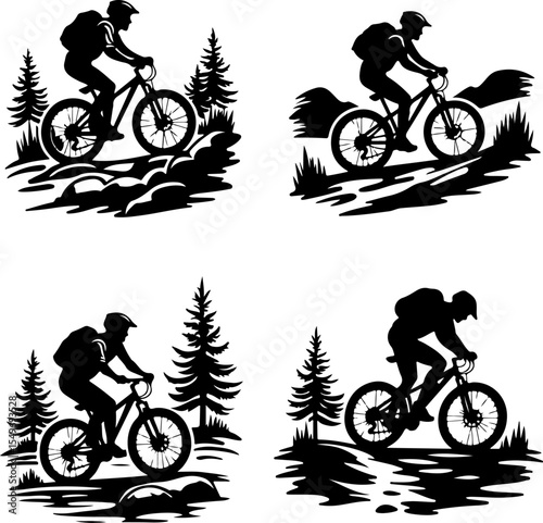 mountain Biker Riding Uphill on Rugged Terrain hiking man vector