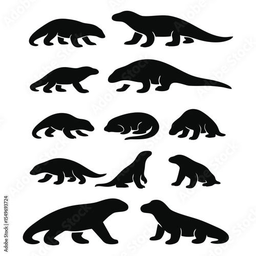 Silhouette collection of Komodo dragon illustrations showing various poses on a white background