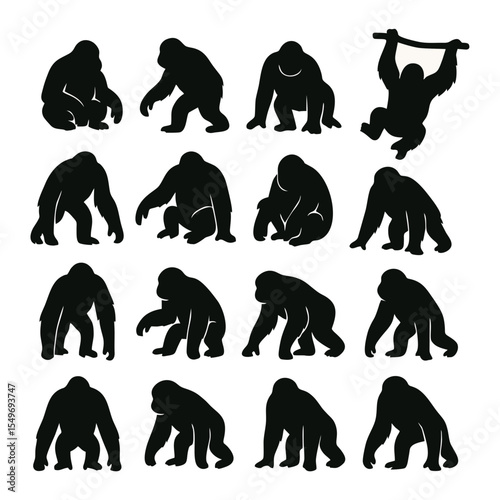Silhouette collection of various orangutans poses in different standing and sitting positions on a white background