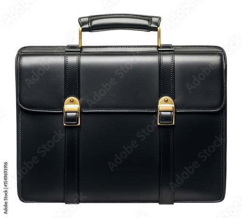Classic black leather briefcase with dual buckles image isolated transparent. Attache case cut out photo png. Fashion accessory. Portfolio bag cutout element object photography