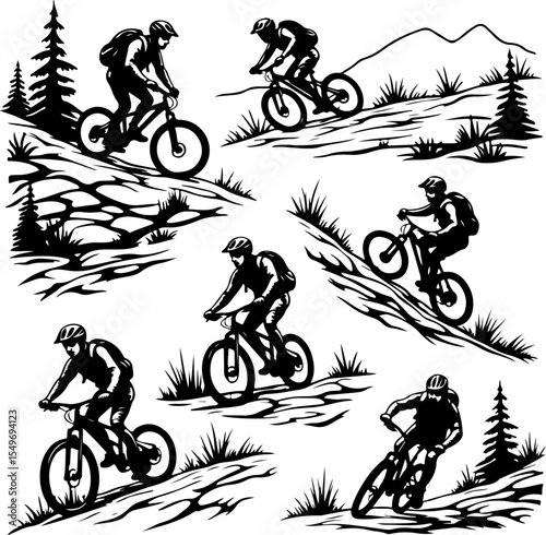 mountain Biker Riding Uphill on Rugged Terrain hiking man vector