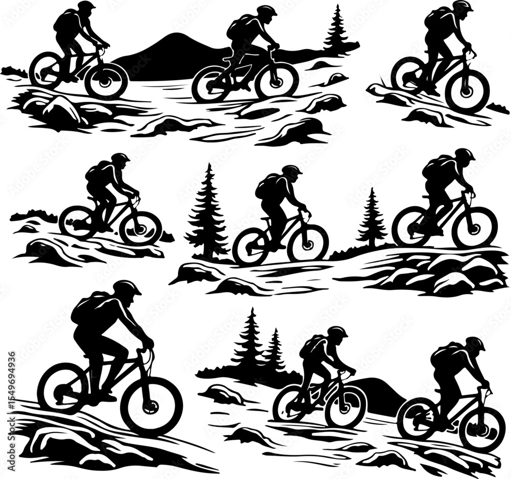 Obraz premium Mountain Biking Silhouettes in Forest Trails vector bundle