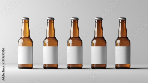Five amber glass beer bottles with blank labels