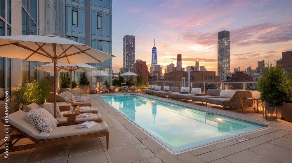 Obraz premium Rooftop lap pool with city skyline at dusk
